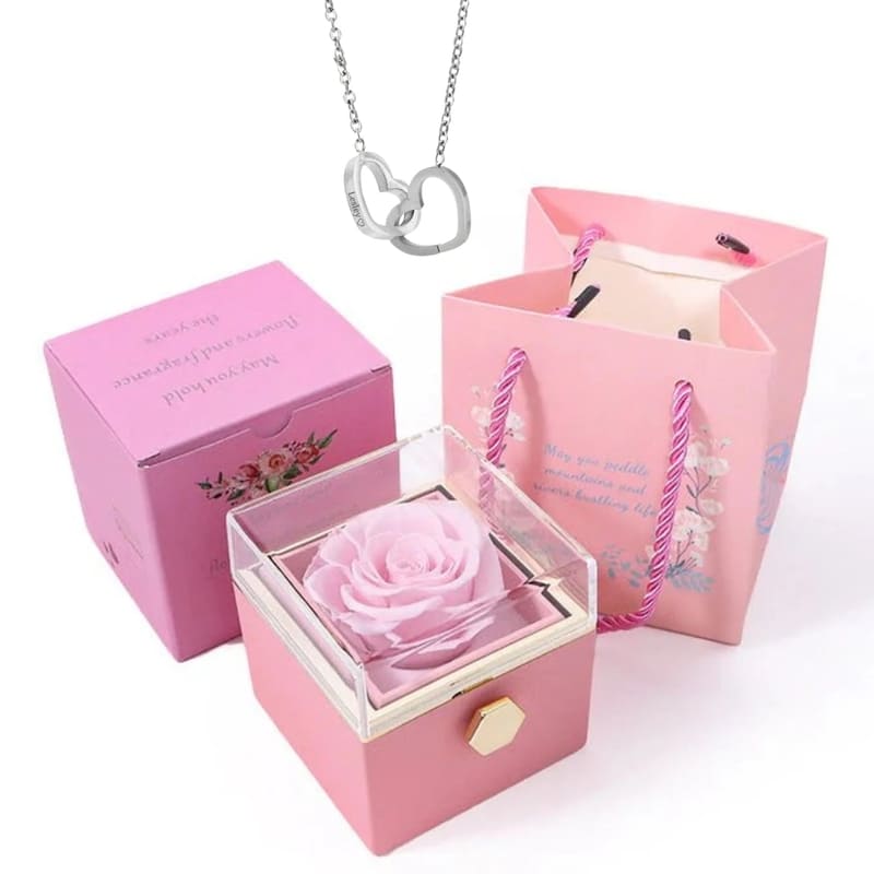 Kit - Caixa Rotativa + Colar Personalizado + Rosa Eterna